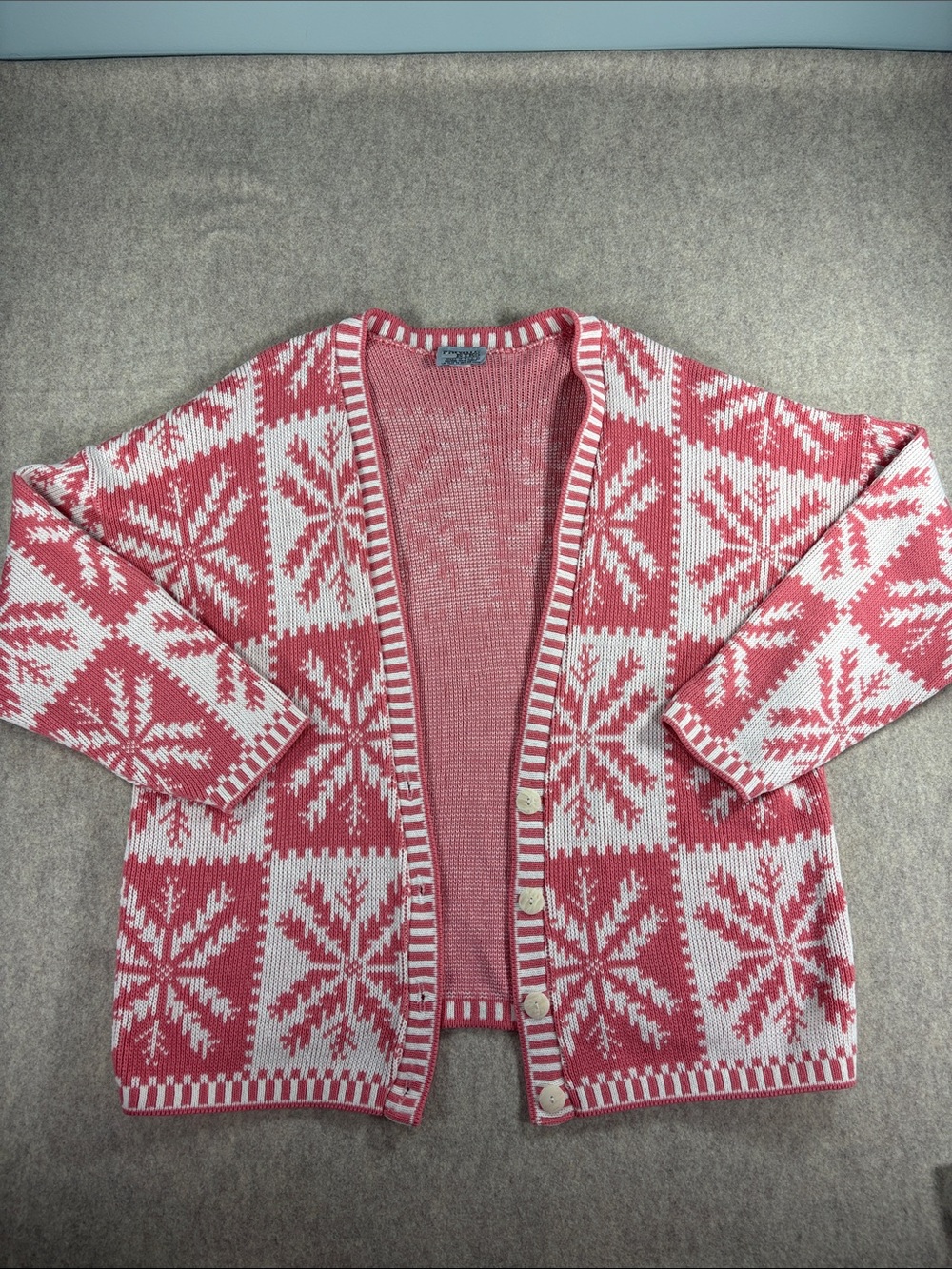 VTG 80s Private Eyes Snowflake Cardigan Sweater L/XL Pink White Grandpacore USA - Picture 1 of 7